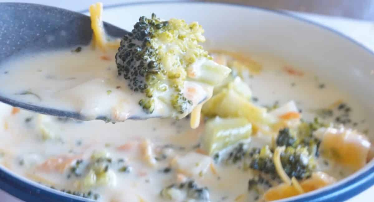 close up of a broccoli floret and bowl of broccoli cheddar soup
