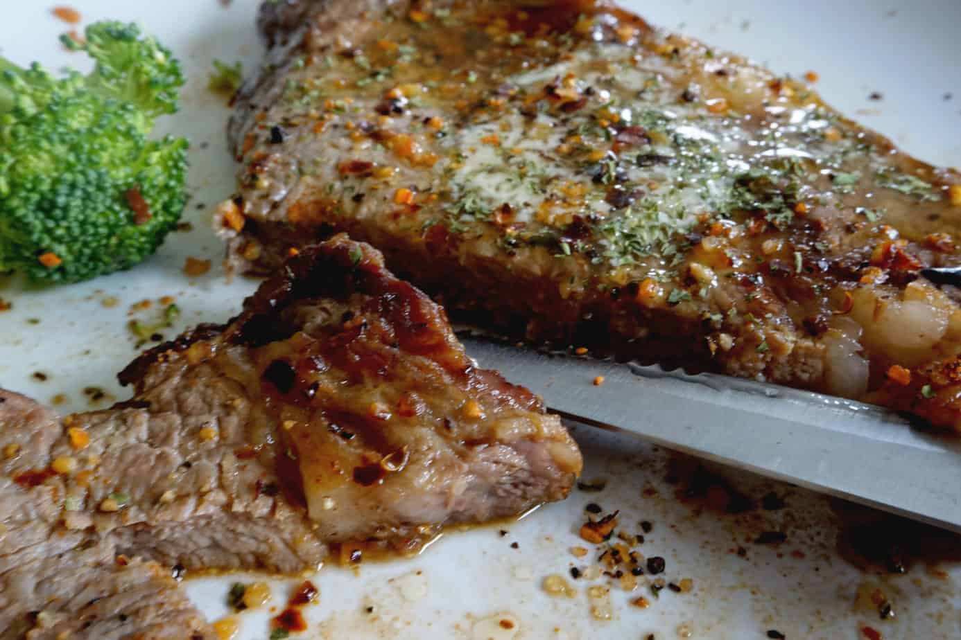 close up of a juicy ribeye steak