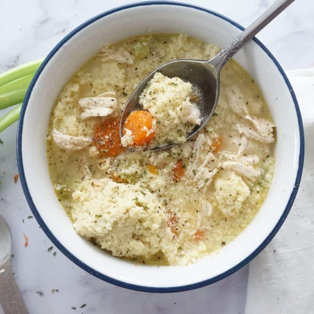 Keto chicken and dumplings with carrots and celery
