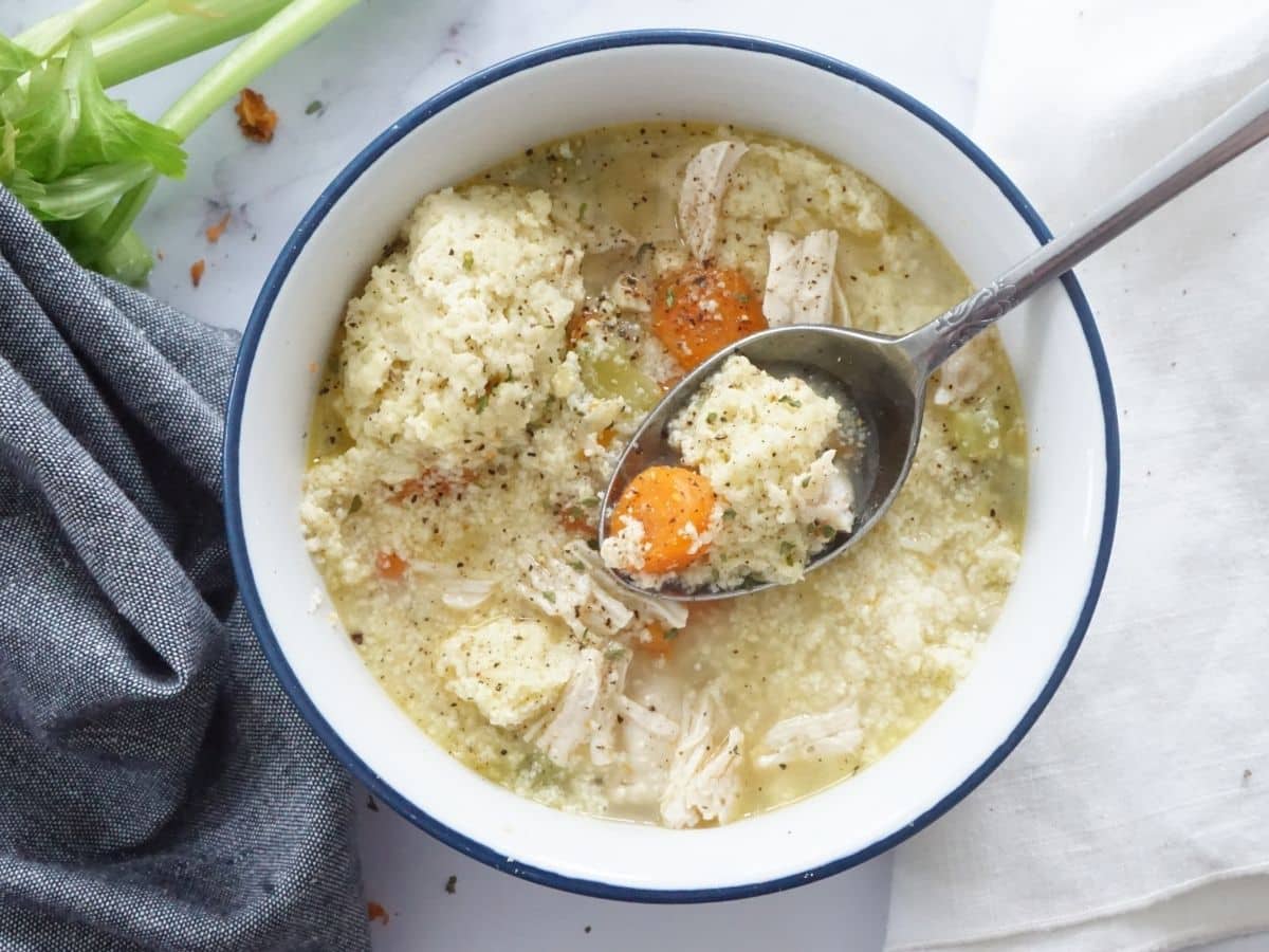 bowl of chicken and dumplings