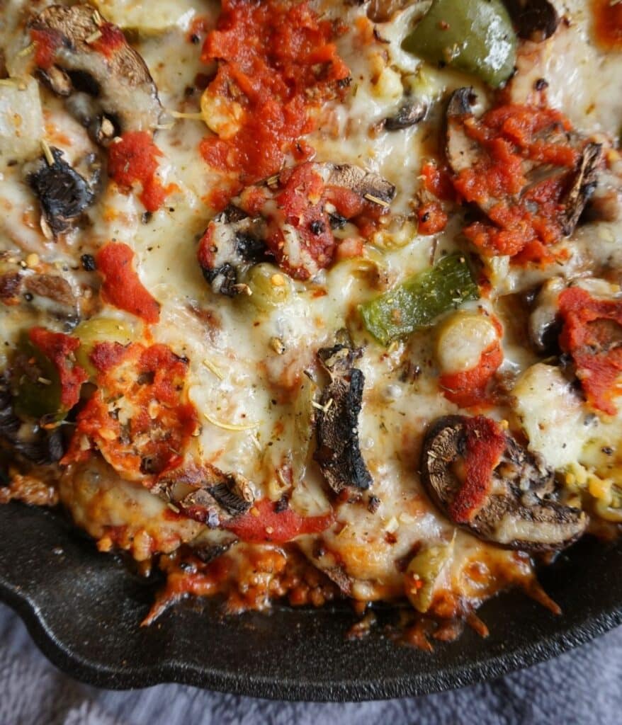 low carb casserole pizza in cast iron skillet