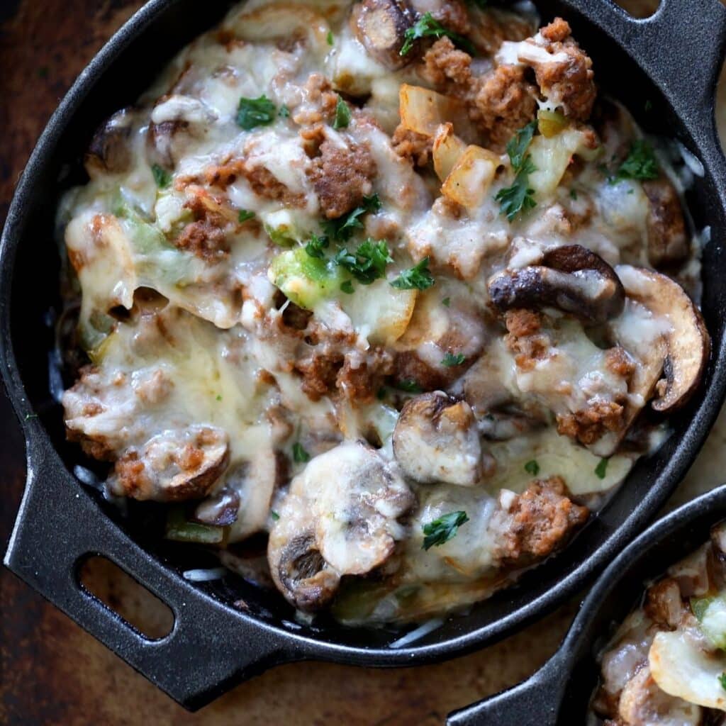 easy keto sloppy joe casserole in a cast iron baking dish