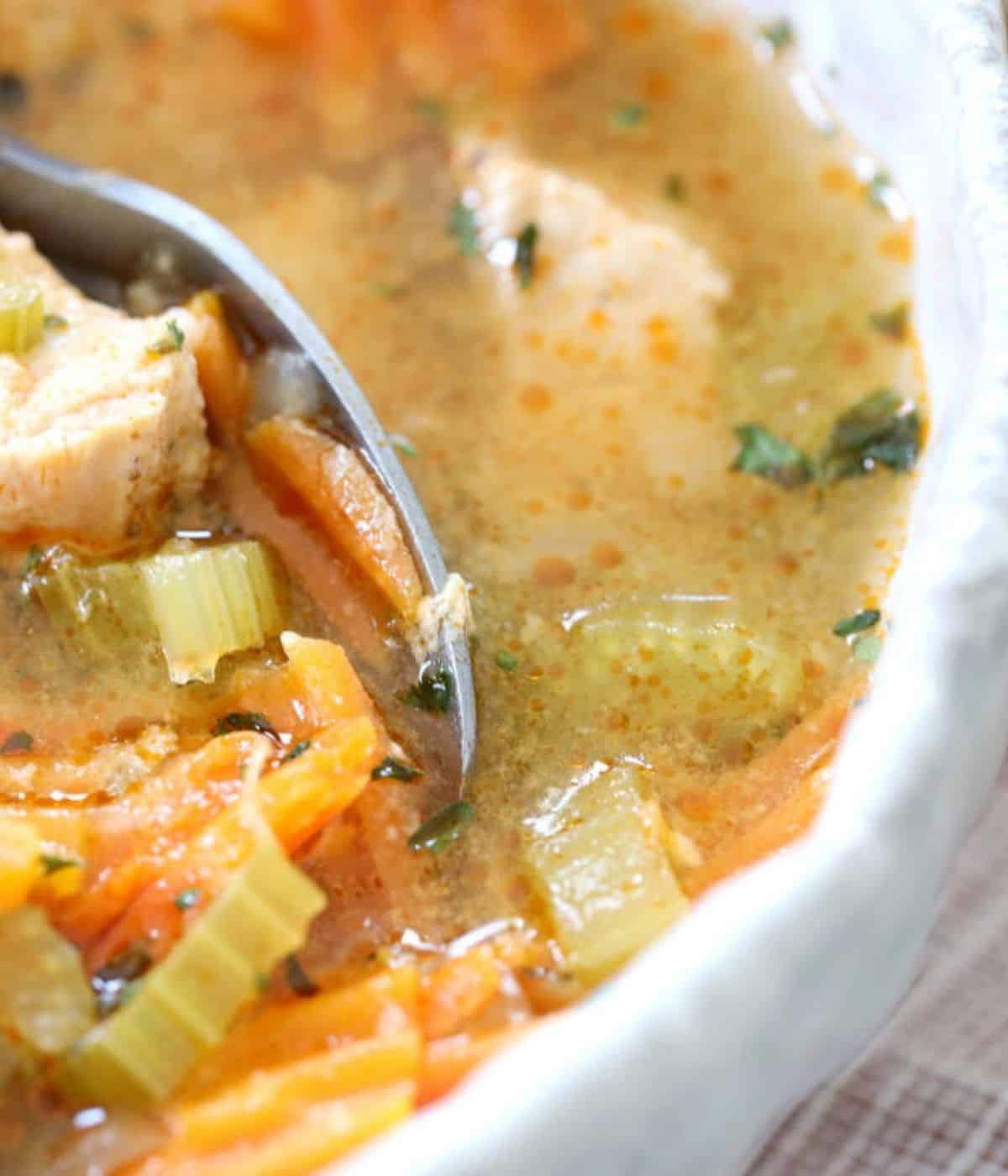 homemade turkey soup in a bowl