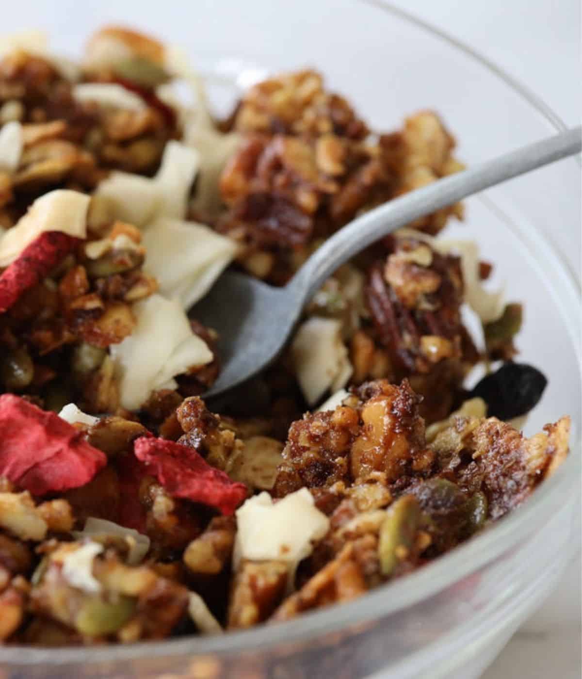 keto granola in a bowl with spoon