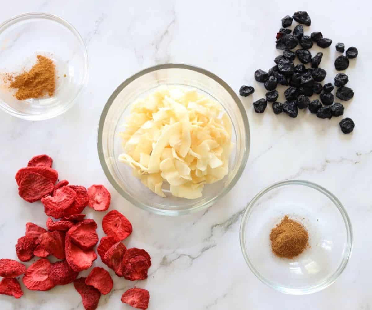 berries, coconut, cinnamon, sweetener