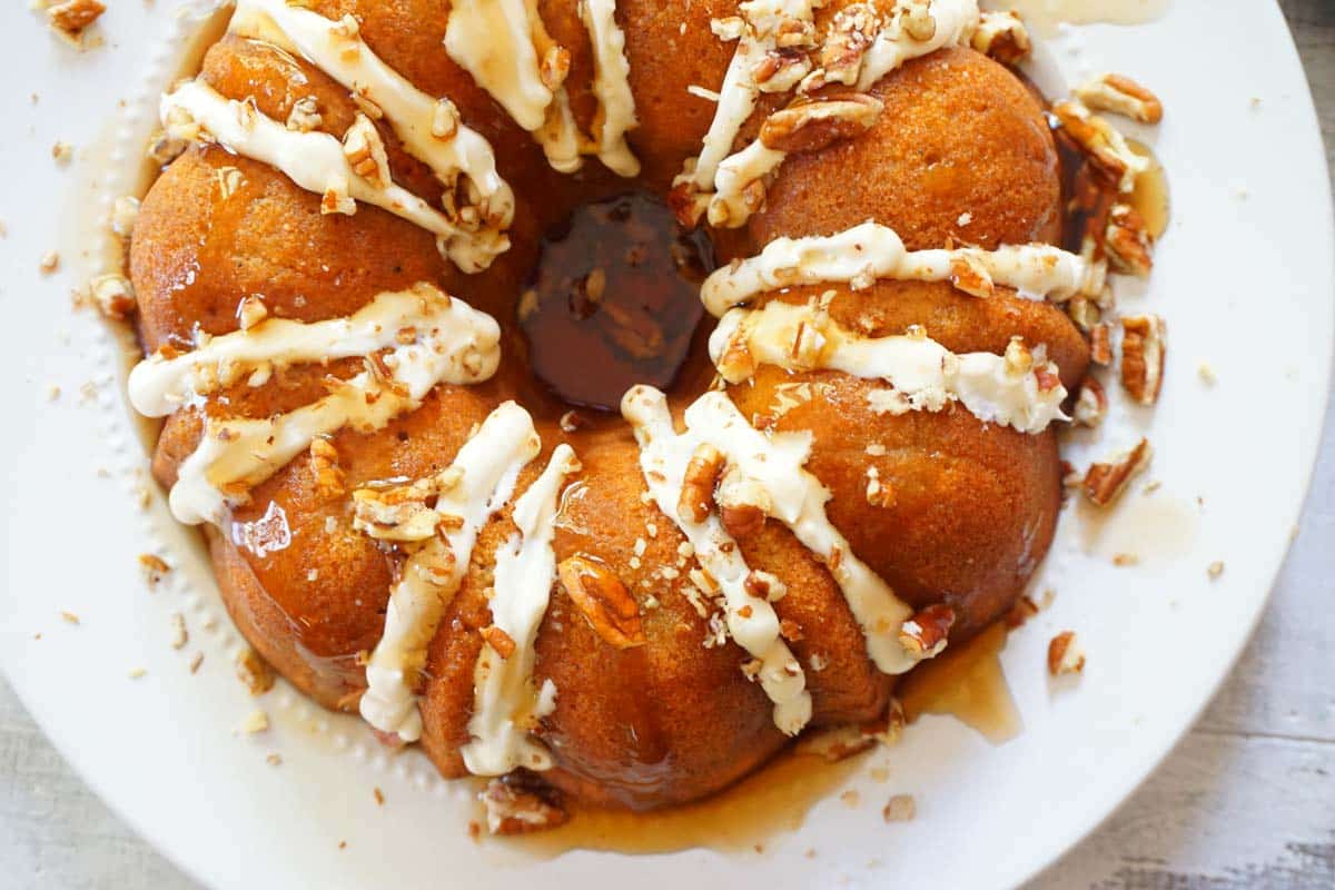 icing and maple syrup on bundt cake