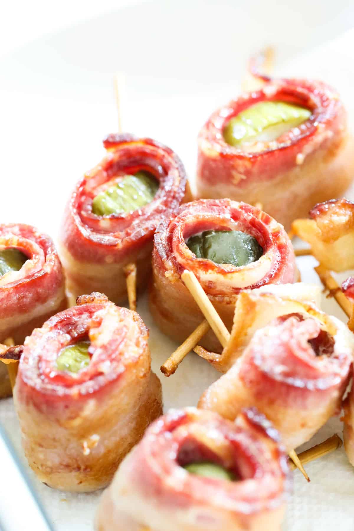 air fryer pickles wrapped in bacon with toothpicks