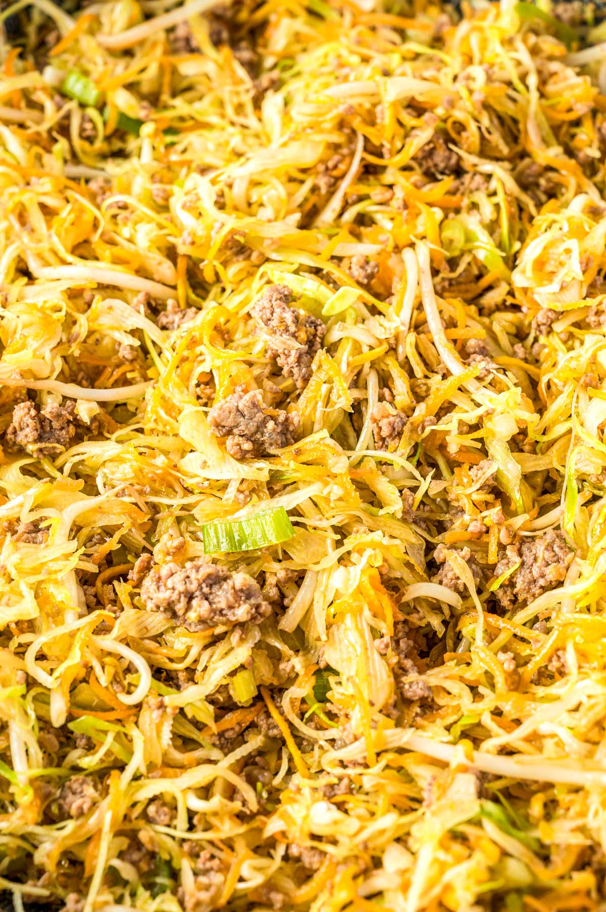 close up view of fried cabbage and stir-fry veggies