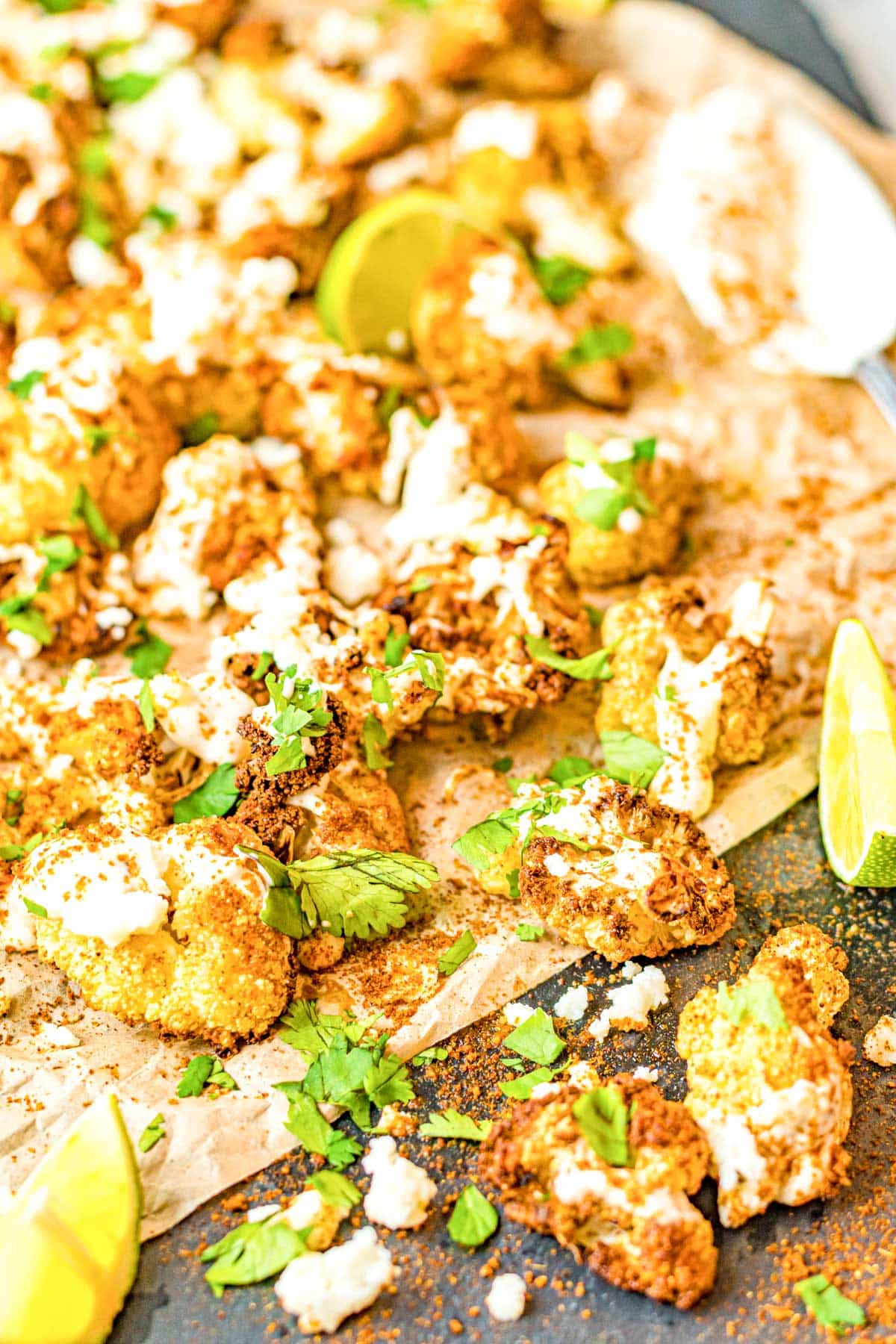 close up of street corn cauliflower florets with spices and seasonings