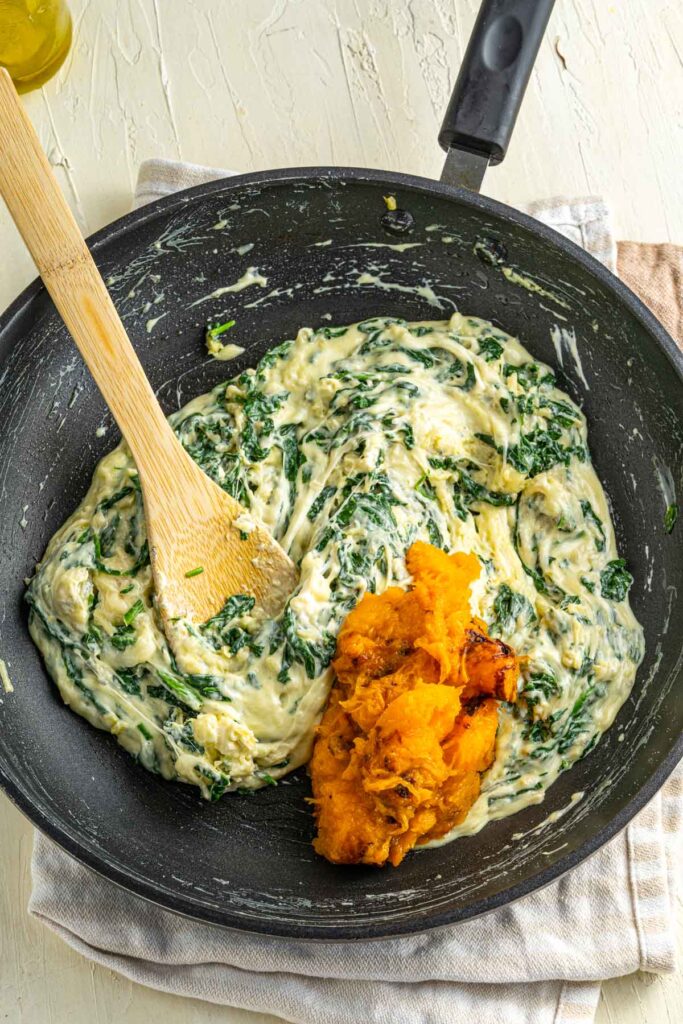 add squash to melted cheese and spinach