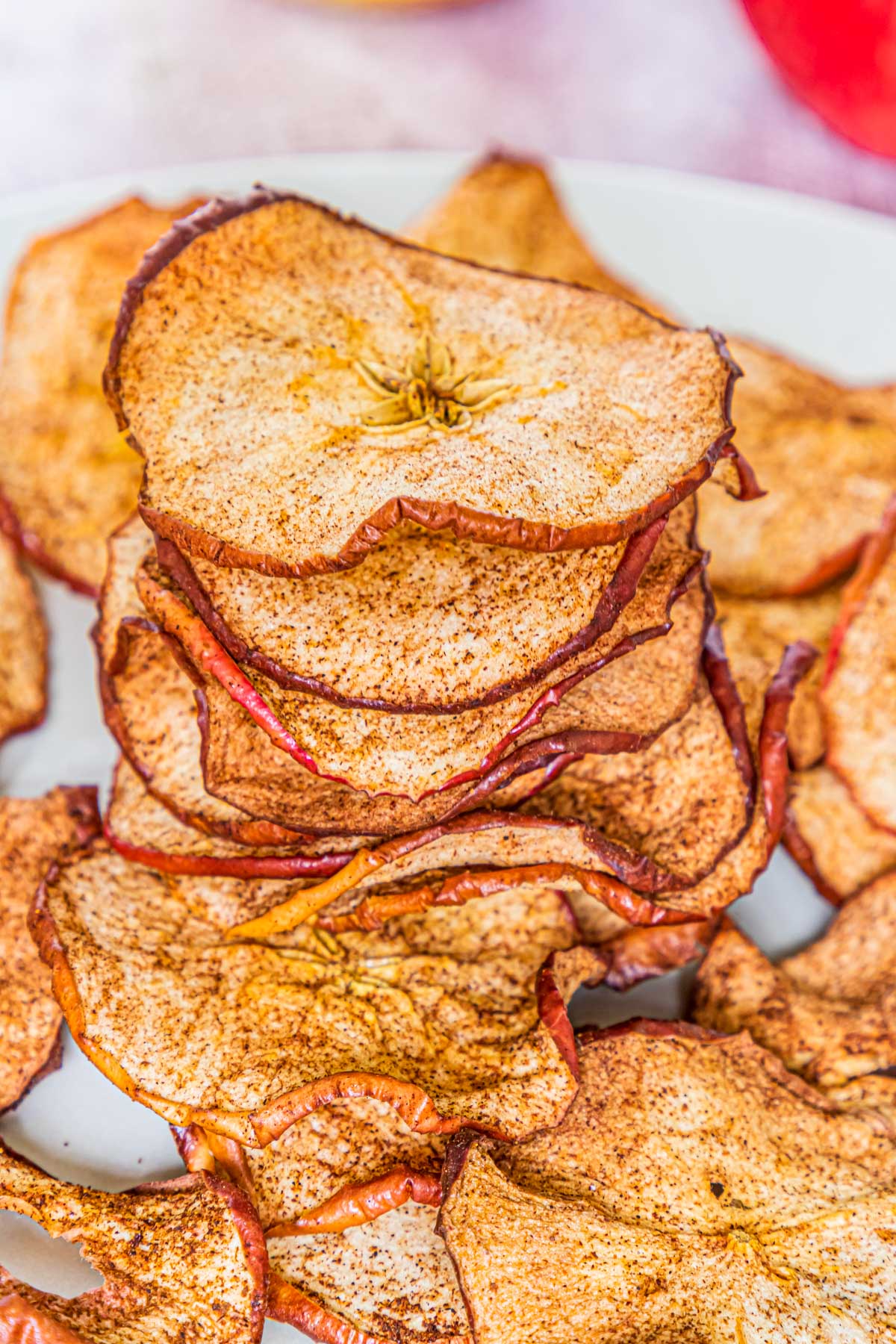 air fryer cinnamon apple chips in a stack