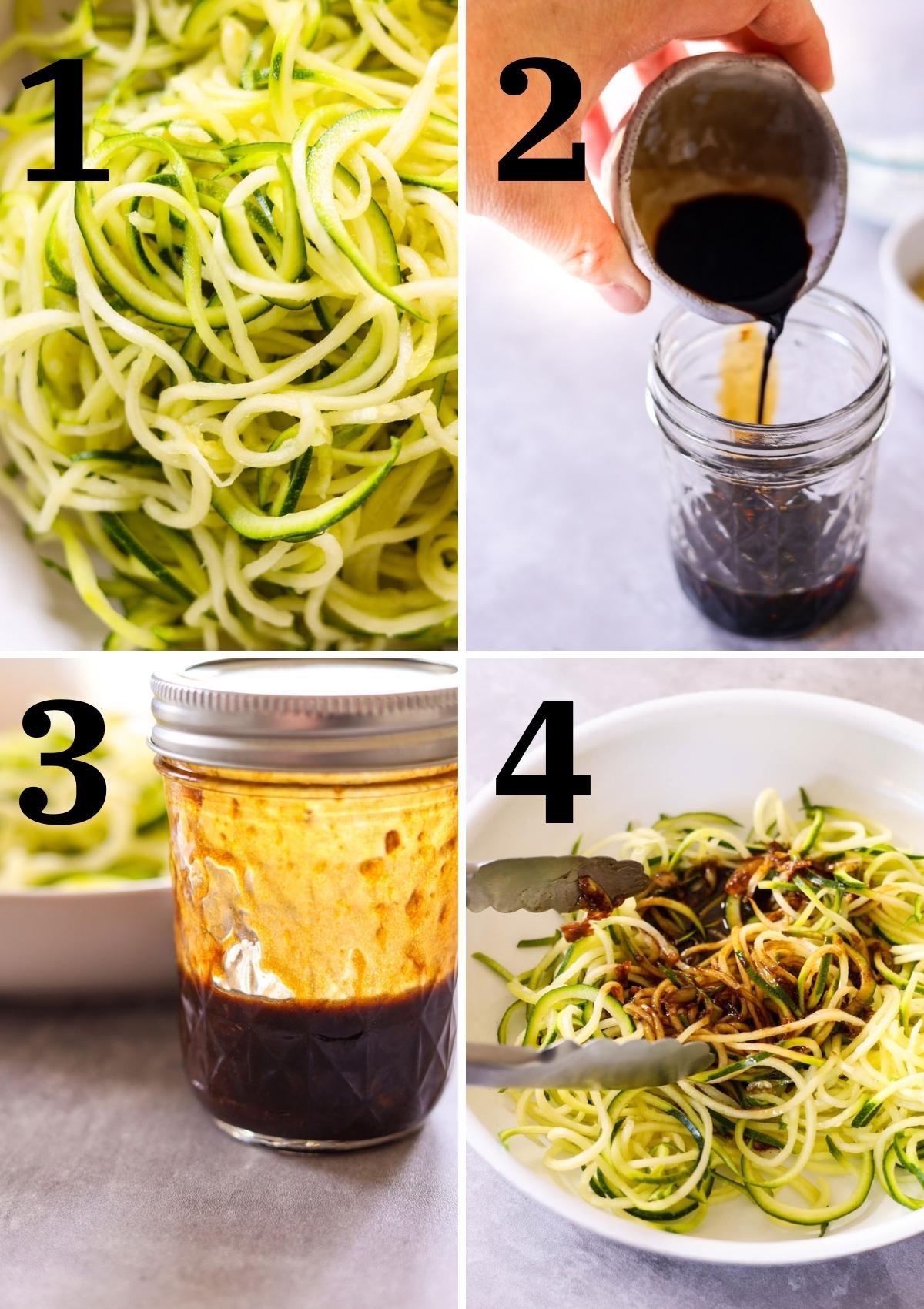 directions for making keto lo mein collage: 1. spiralize, 2. mix sauce, 3. shake in a jar, 4. add all ingredients to frying pan