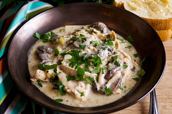 creamy chicken mushroom soup in a bowl