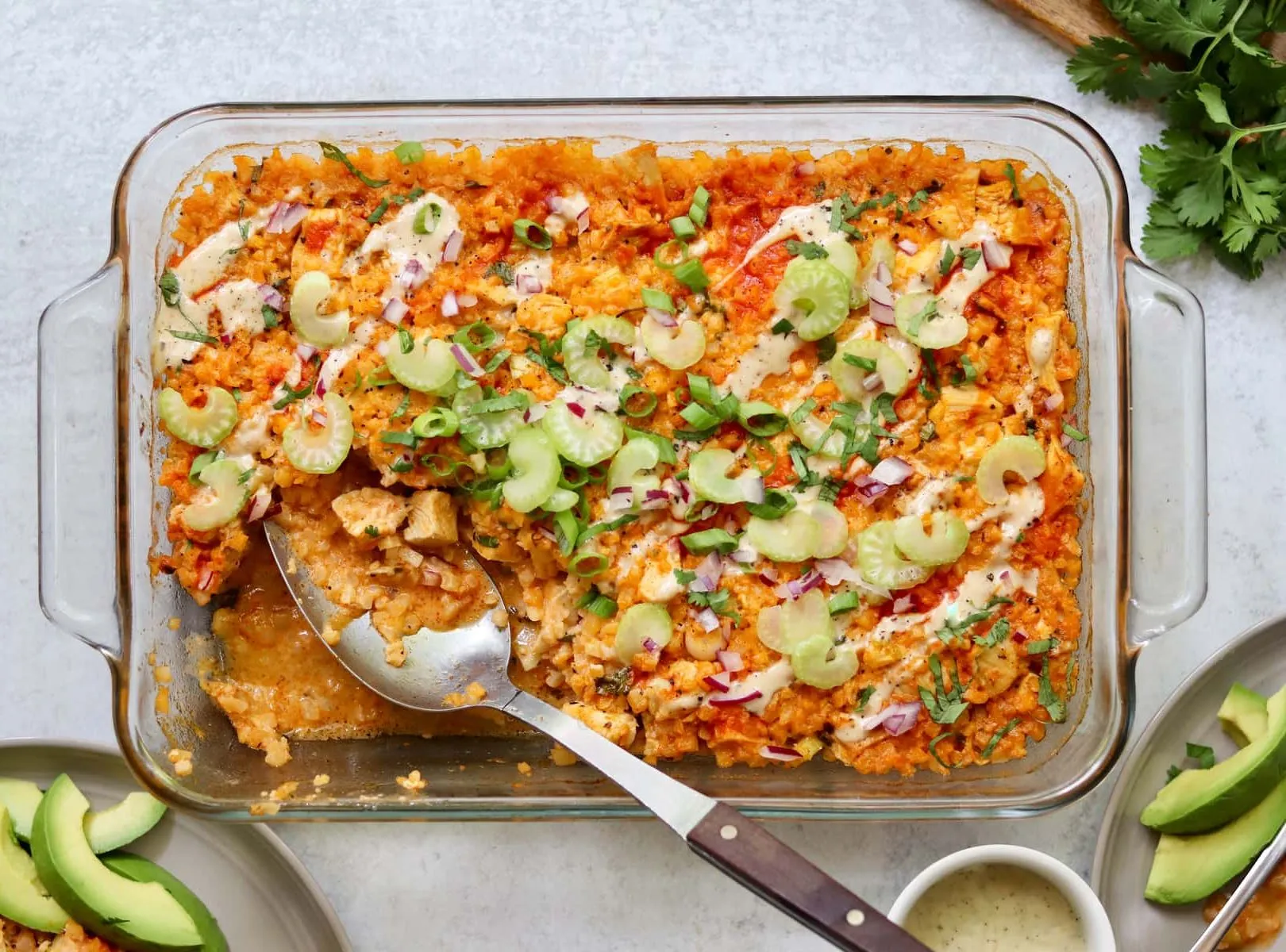 buffalo ranch casserole in a clear baking dish