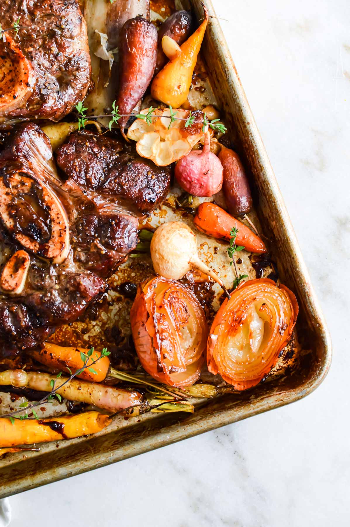 pan with roasted veggies, beef