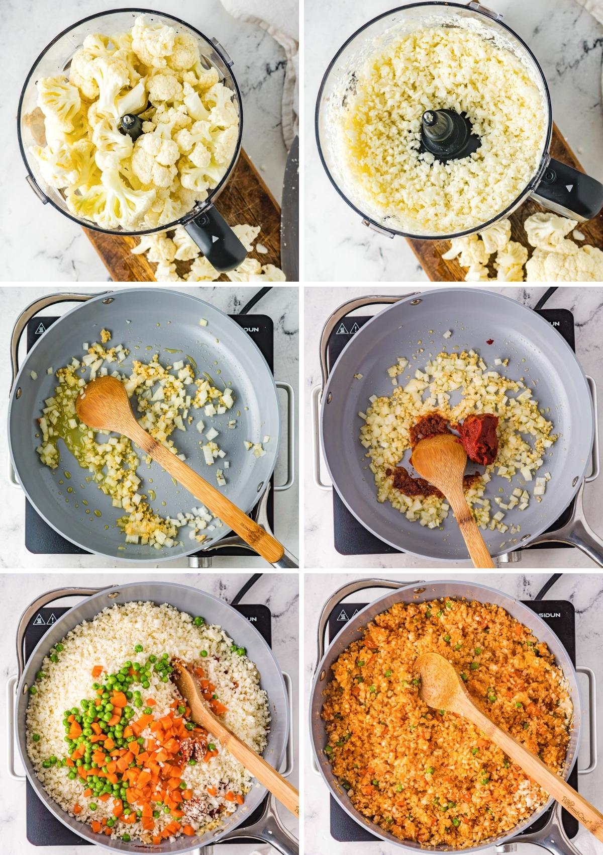 directions for making Mexican cauliflower rice, including ricing the cauliflower in a food processor and simmering with tomato paste, garlic, peas and carrot
