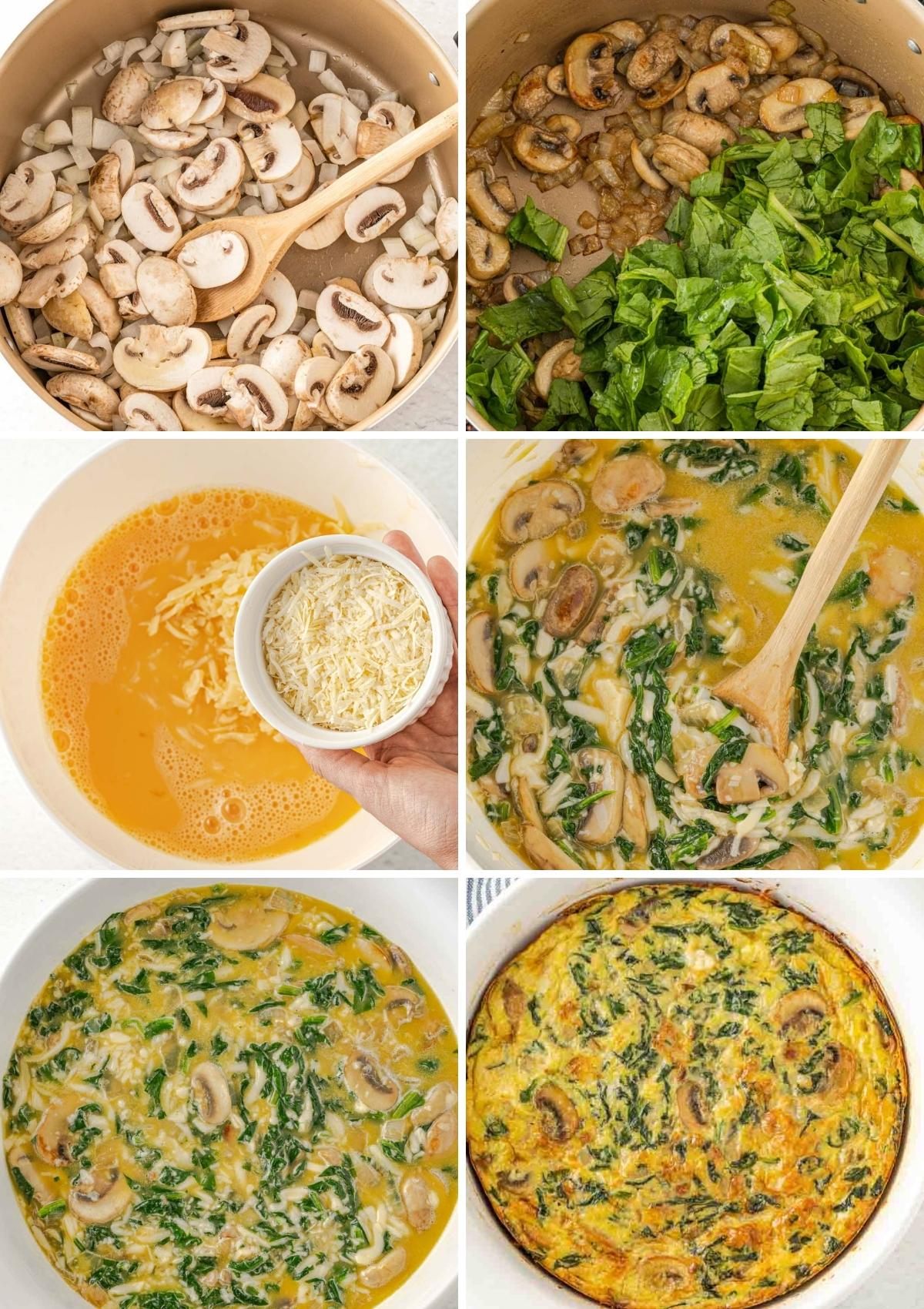 instructions for making the best spinach mushroom frittata, including sautéing veggies, then adding them to the egg mixture in a large pot for baking