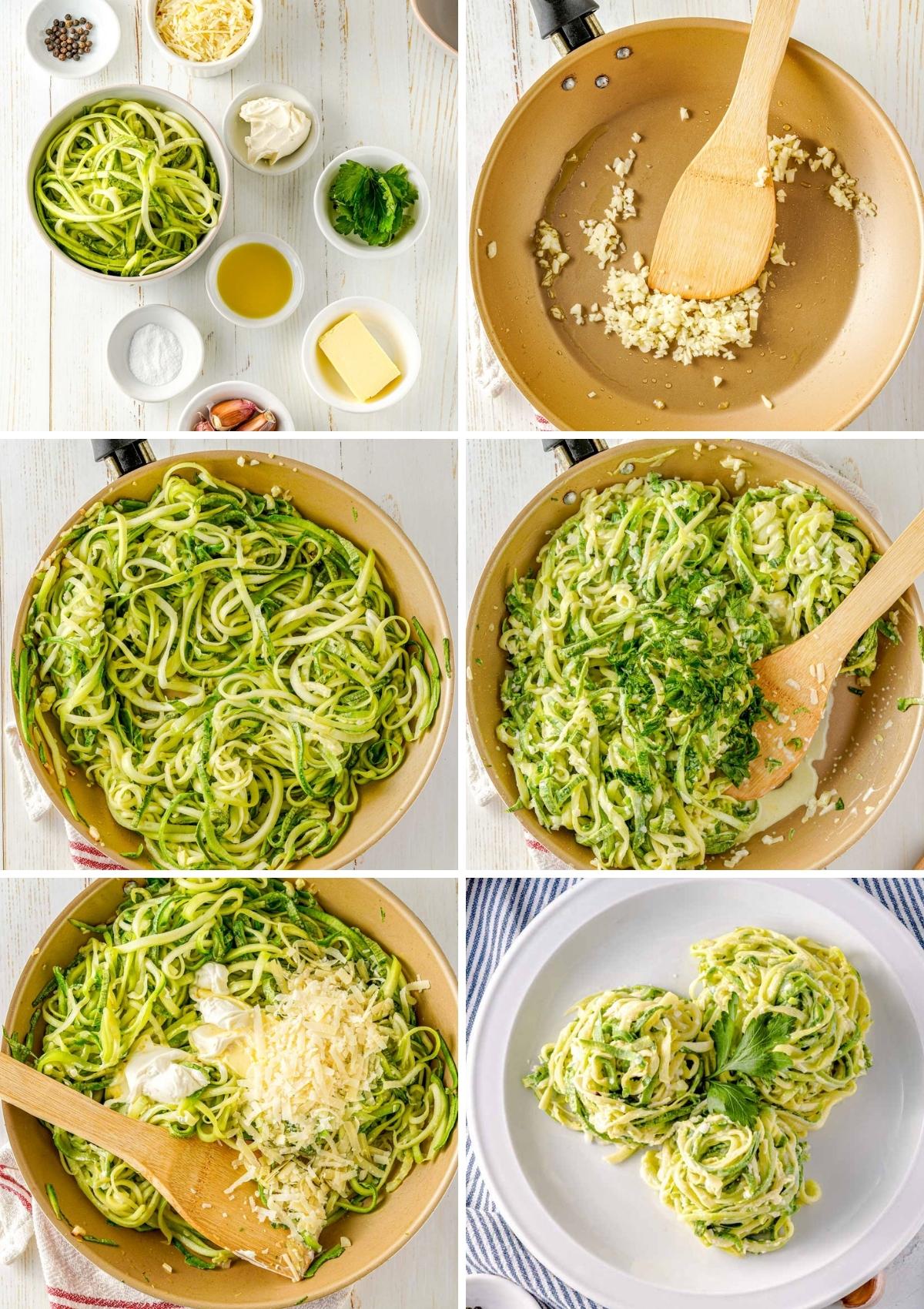 steps for making creamy zoodles, including sautéing garlic, adding zoodles, adding parsley and cream cheese, then serving with grated parmesan