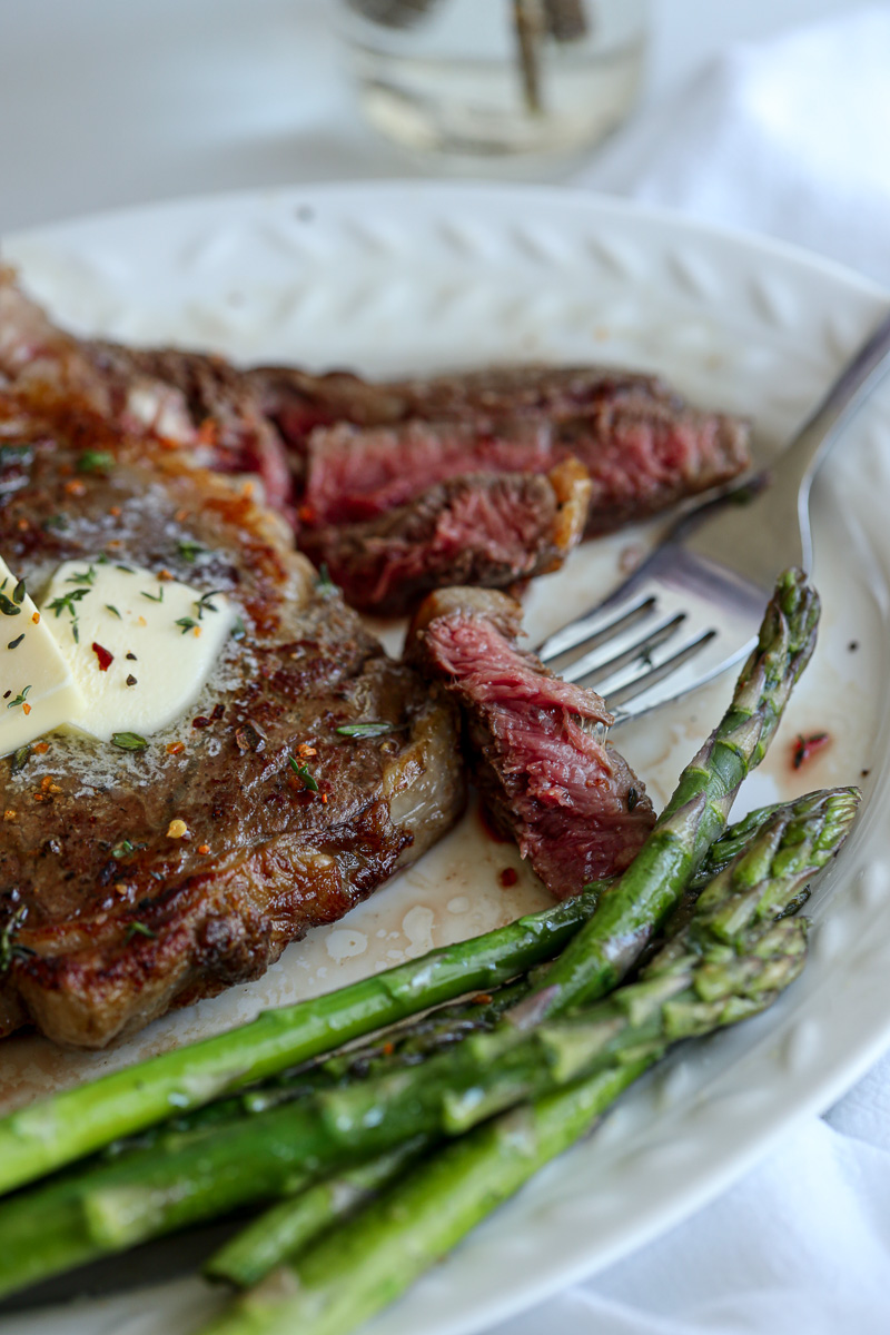 medium well ribeye steak seared on the outside