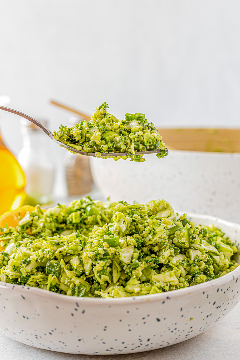 fork with a scoop of green goddess salad