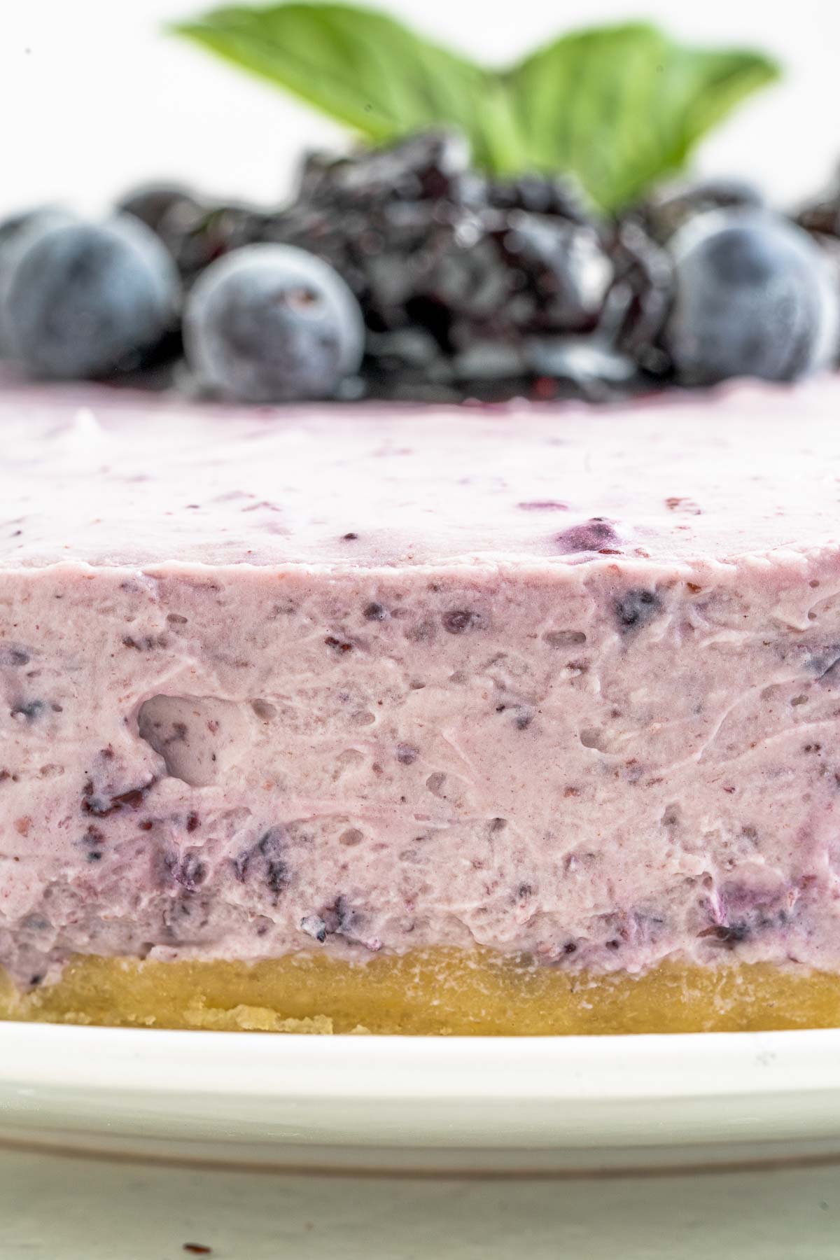 close up view of the inside texture of blueberry sugar free cheesecake
