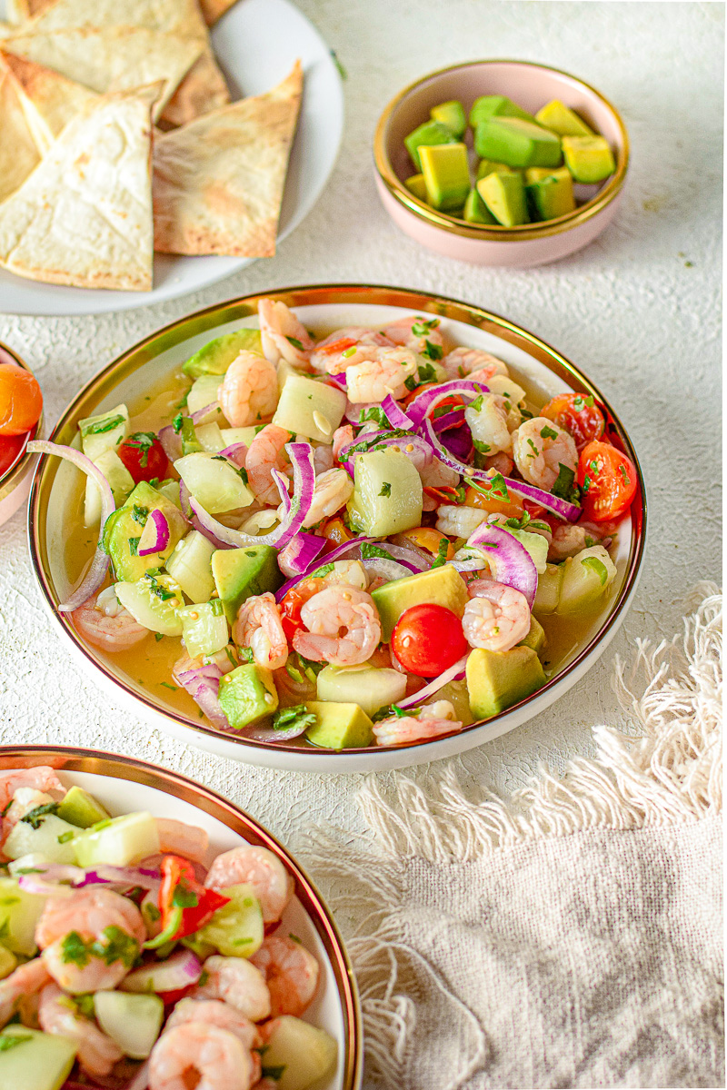 avocado and low carb tortillas next to ceviche with shrimp
