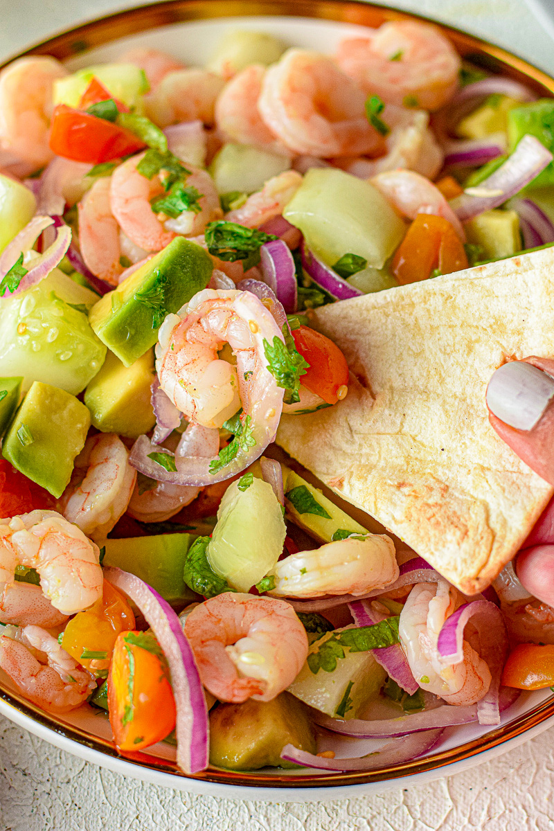 tortilla chip dipped into ceviche