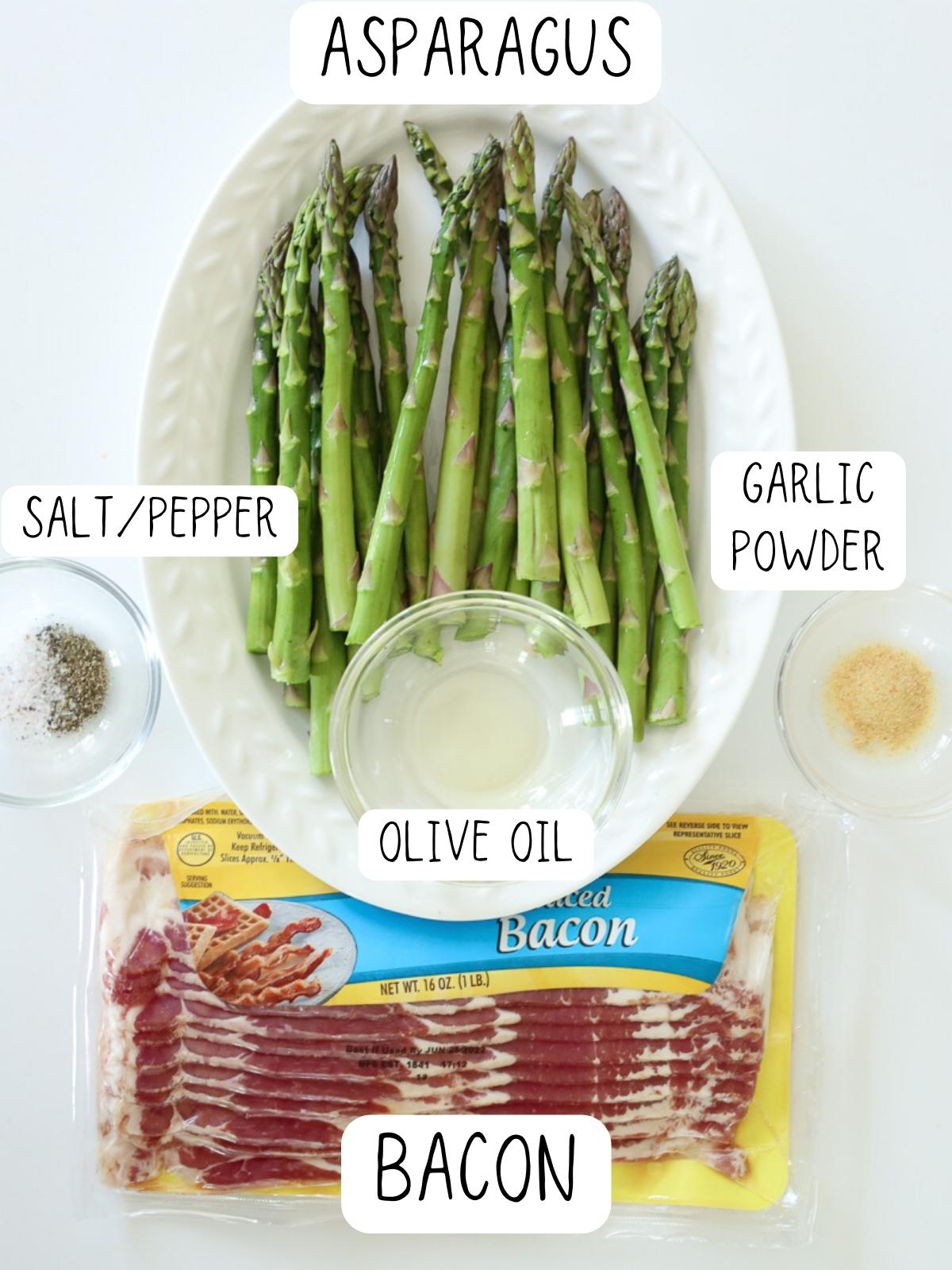 ingredients for bacon wrapped air fryer asparagus, including bacon, olive oil, salt, pepper and garlic powder