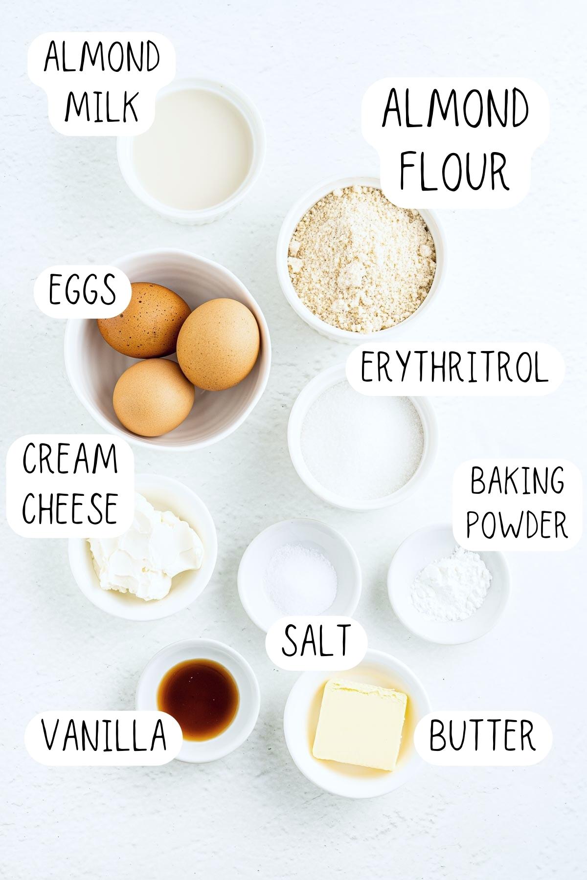 ingredients for gluten free waffles, including almond flour, almond milk, eggs, erythtritrol, cream cheese